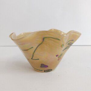 Glass Eye Studio Ruffled Edge Blown Glass Bowl Irridescent Golden Abstract